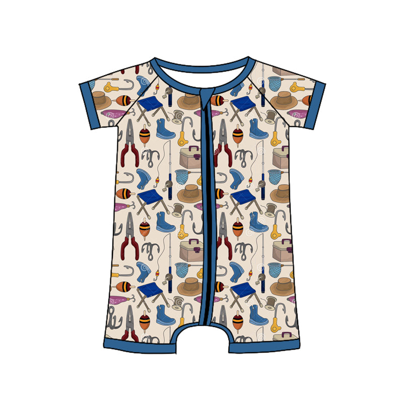 preorder SR2721 Hunting fishing navy blue short sleeve zipper boys romper