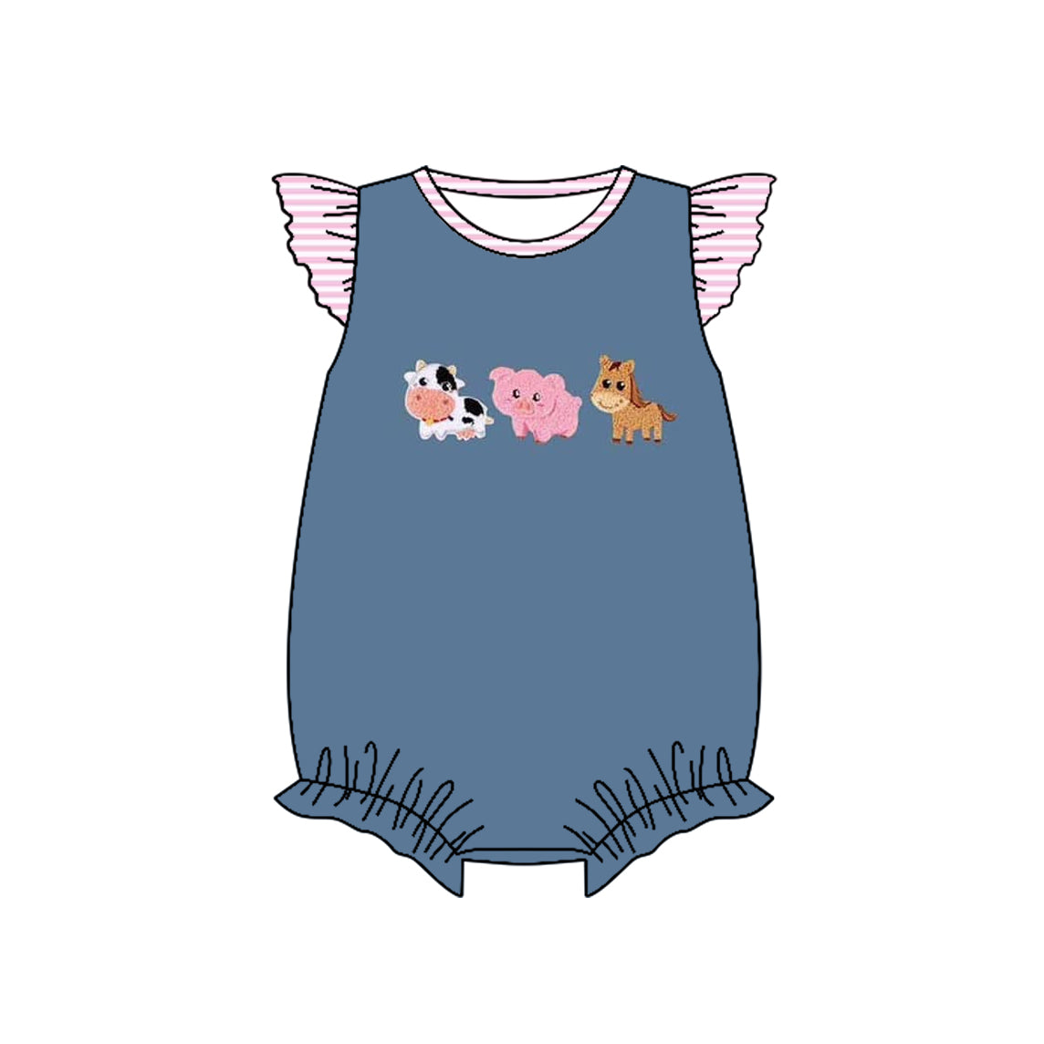 preorder SR2723 Farm cow pig horse animals blue flutter sleeve girls romper