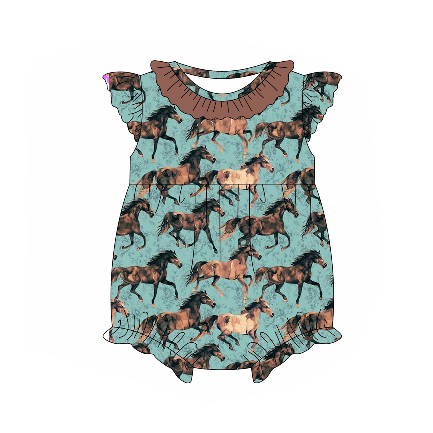 preorder SR2747 Western horse blue flutter sleeve girls romper