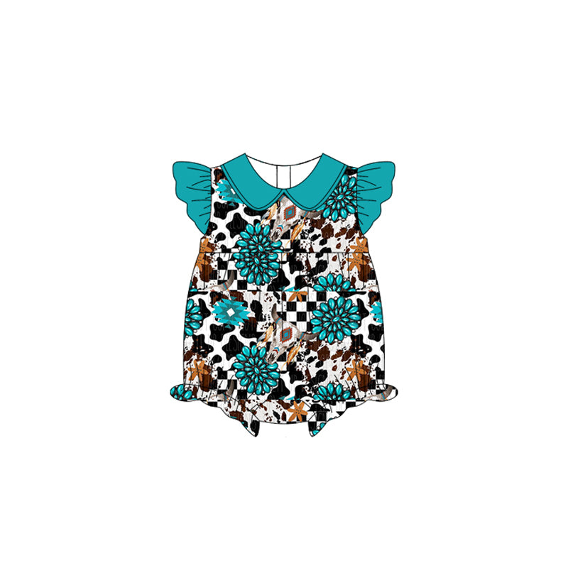 preorder SR2774 Western cow turquoise checkered blue flutter sleeve girls romper