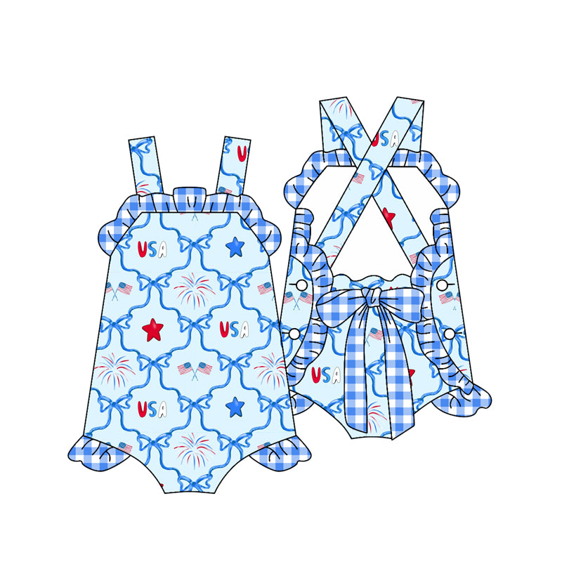 preorder SR2787 July 4th bows firework girls romper
