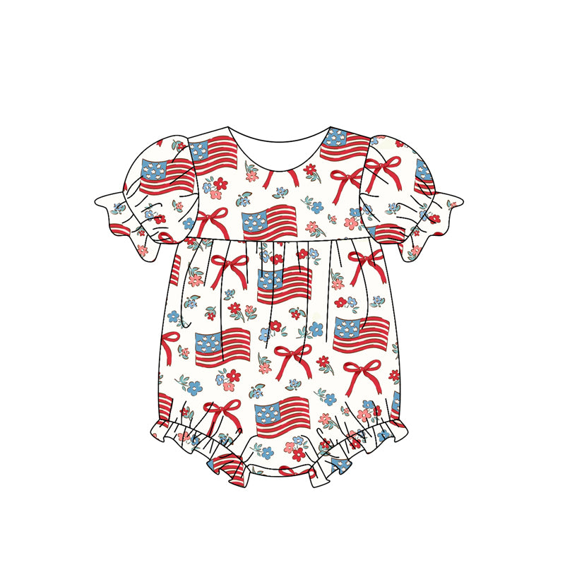 preorder SR2802 Juky 4th flag bows flowers red short sleeve girls romper