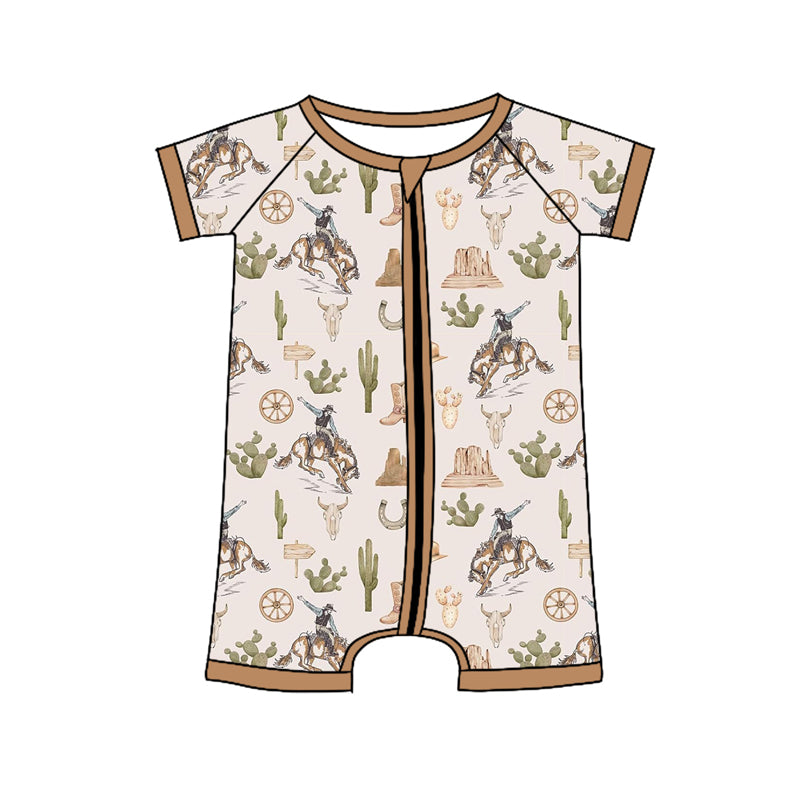 preorder SR2852 Western rodeo brown short sleeve zipper boys romper