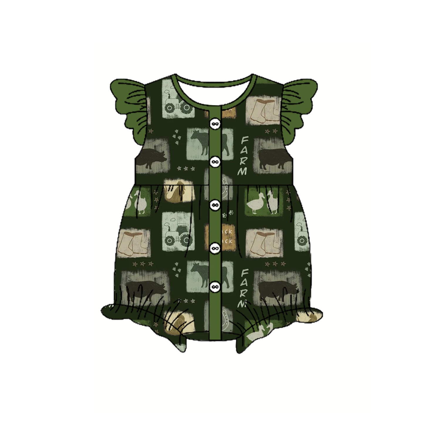 preorder SR2873 Farm tractor animals cow green flutter sleeve girls romper