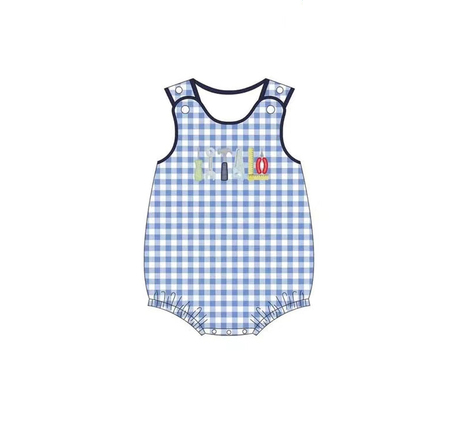 preorder SR2877 cartoon tool blue checkered sleeveless boys romper
