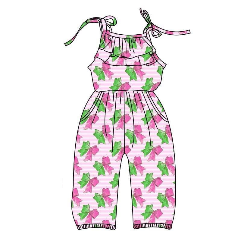 preorder SR2890 green hot pink bows striped girls romper
