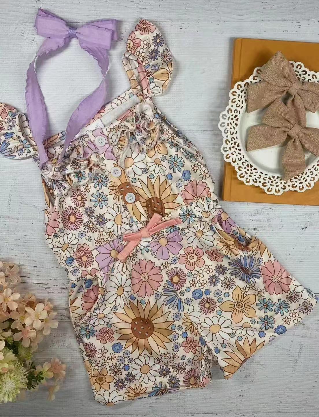 preorder SR2914 colorful flowers flutter sleeve girls romper