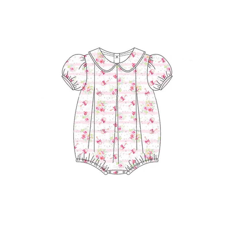 preorder SR2929 pink bows key flowers short sleeve girls romper
