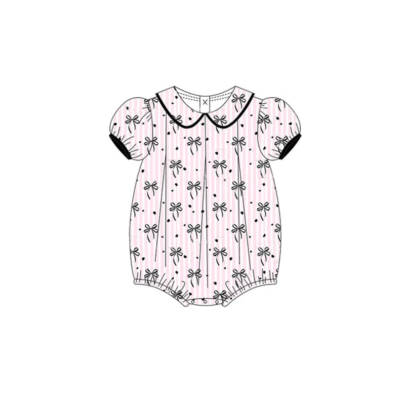 preorder SR2932 black bows coquette bows pink striped short sleeve girls romper