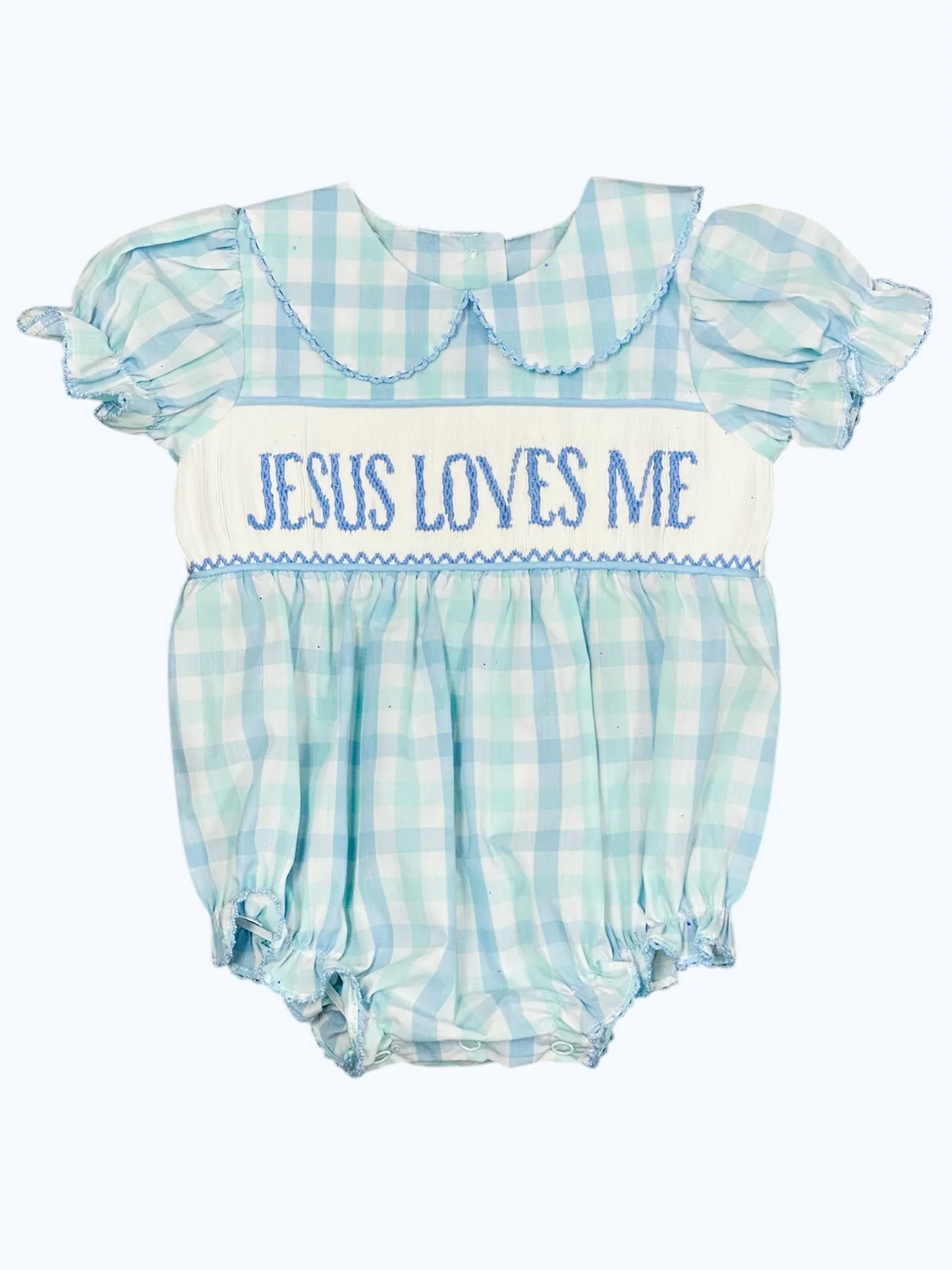 preorder SR2942 Jesus loves me blue green checkered short sleeve girls romper