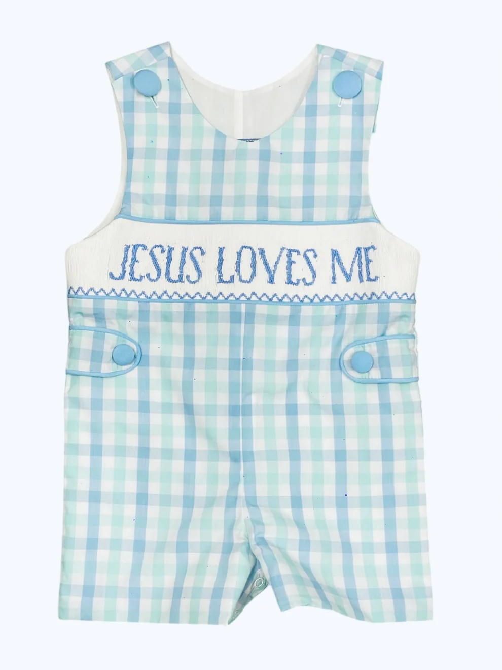 preorder SR2943 Jesus loves me blue green checkered sleeveless boys romper