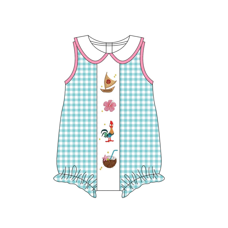 preorder SR3034 holiday boat flower chick green checkered sleeveless girls romper