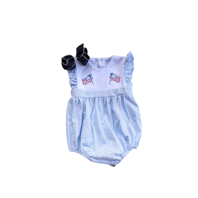 preorder SR3035 July 4th flag blue striped flutter sleeve girls romper