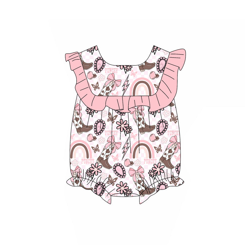 preorder SR3040 Western turquoise boot bows pink flutter sleeve girls romper