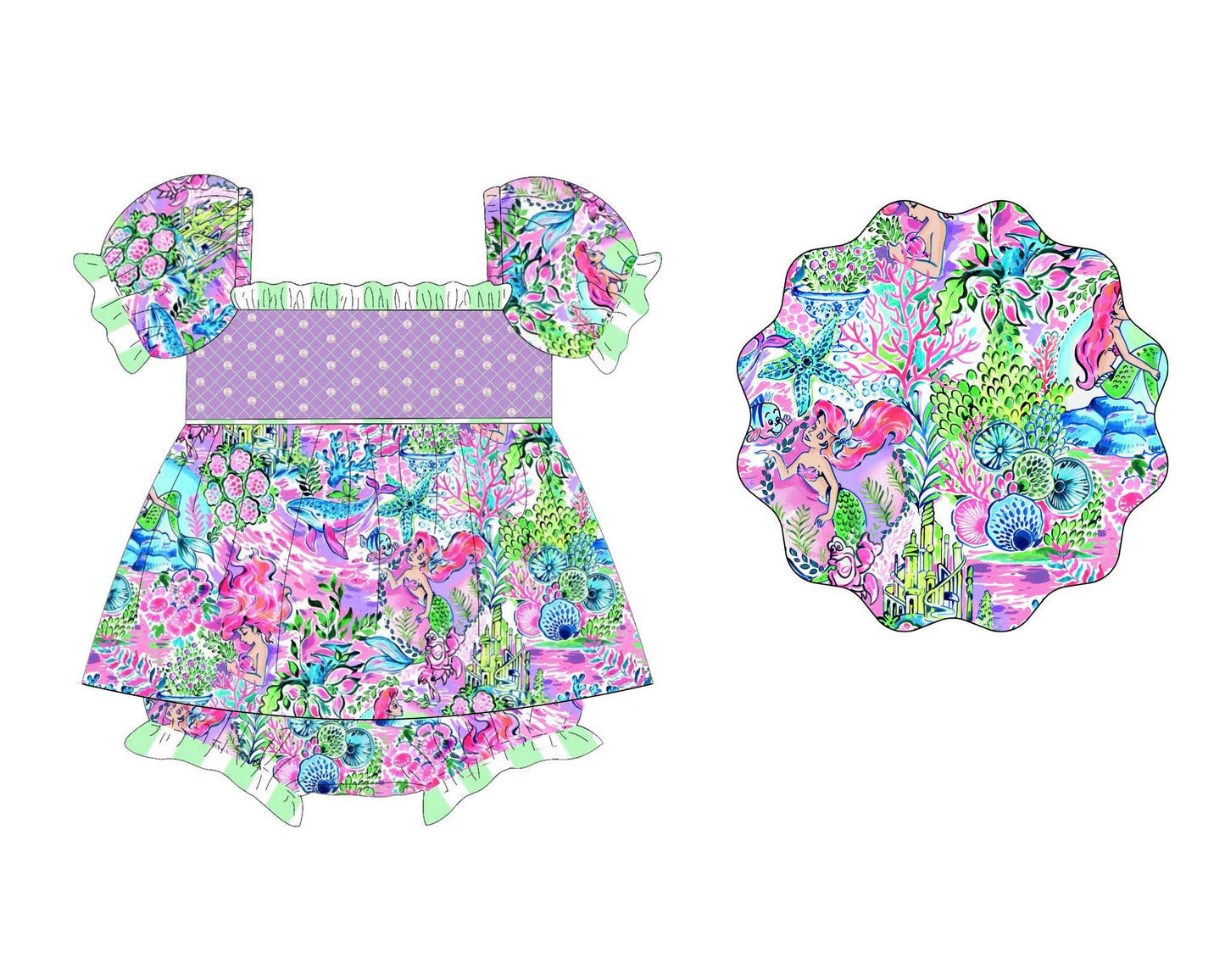preorder SR3042 mermaid shell purple short sleeve girls romper