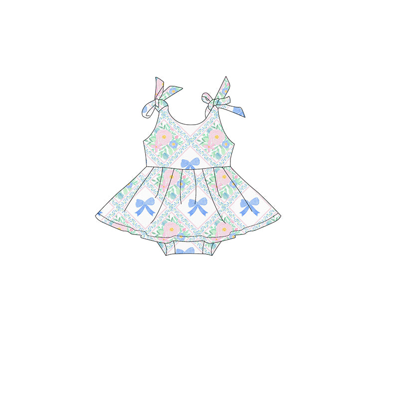 preorder SR3046 pink flowers blue bows girls romper