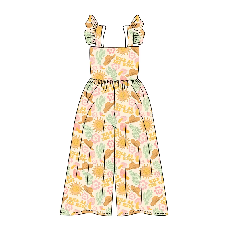 preorder SR3051 Western wild hat cactus flowers flutter sleeve girls jumpsuits