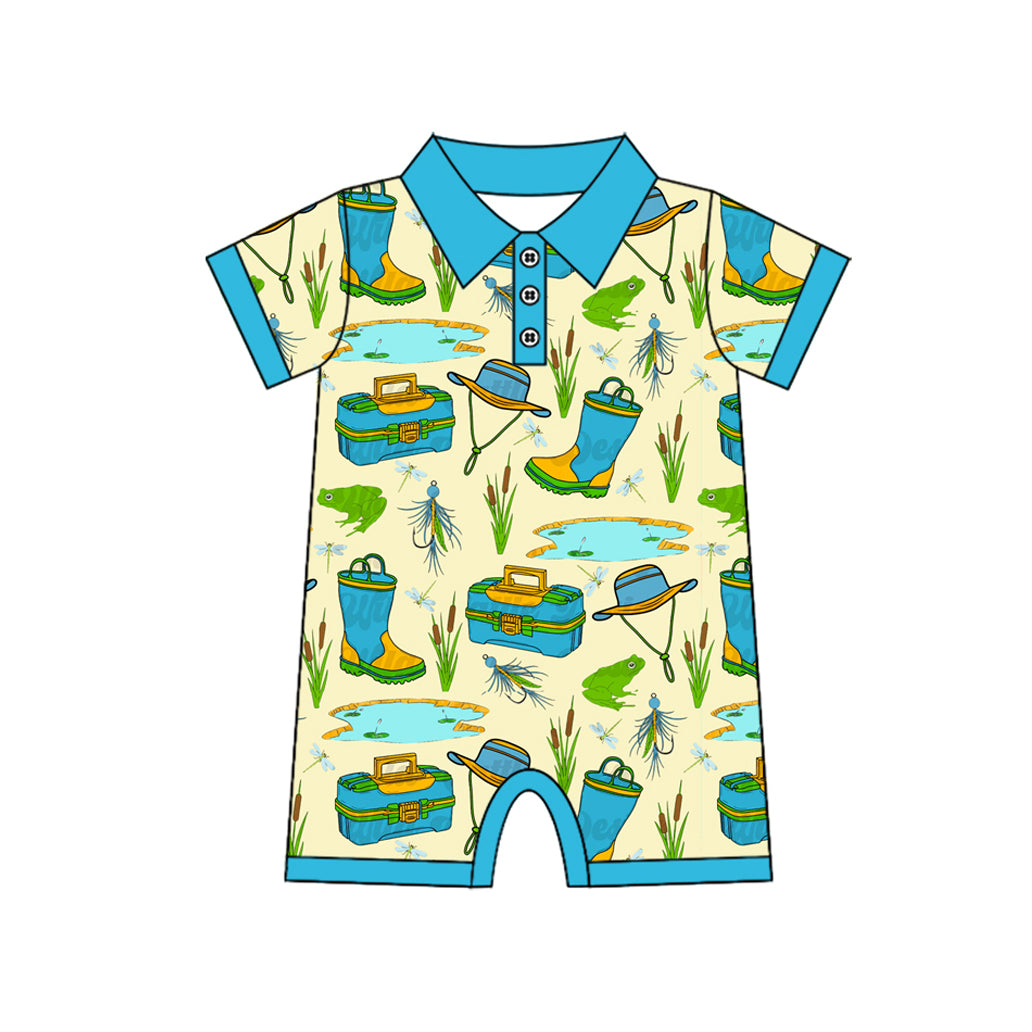 preorder SR3065 i'd rather be fishing blue green short sleeve boys romper