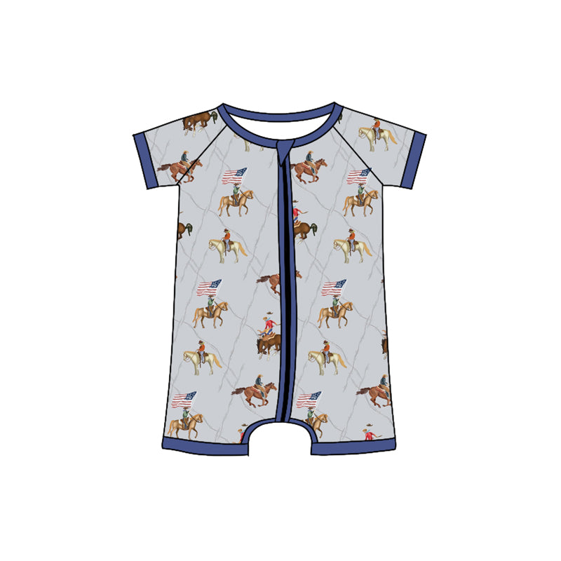 preorder SR3066 Western July 4th flag rodeo grey navy blue zipper short sleeve boys romper