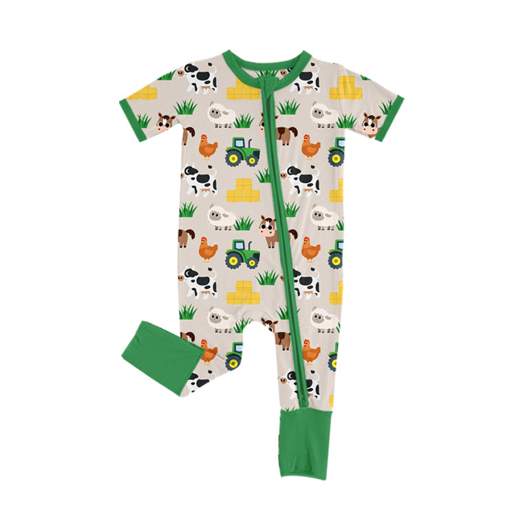 preorder SR3108 farm tractor animals green short sleeve zipper boys romper