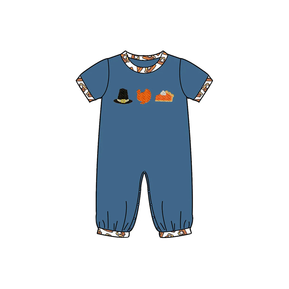 preorder SR3111 Thankgiving hat turkey pie blue short sleeve boys romper