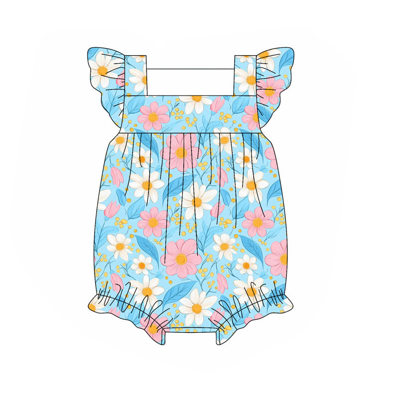 preorder SR3129 blue flowers white flowers blue flutter sleeve girls romper