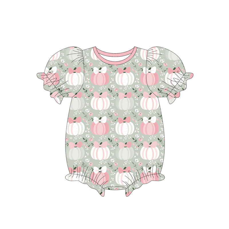 preorder SR3130 pink pumpkin white pumpkin green flowers short sleeve girls romper