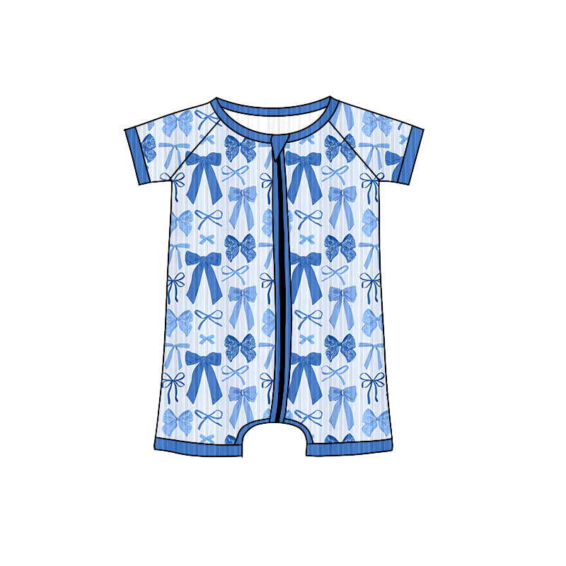 preorder SR3153 ribbed blue bows zipper short sleeve girls romper
