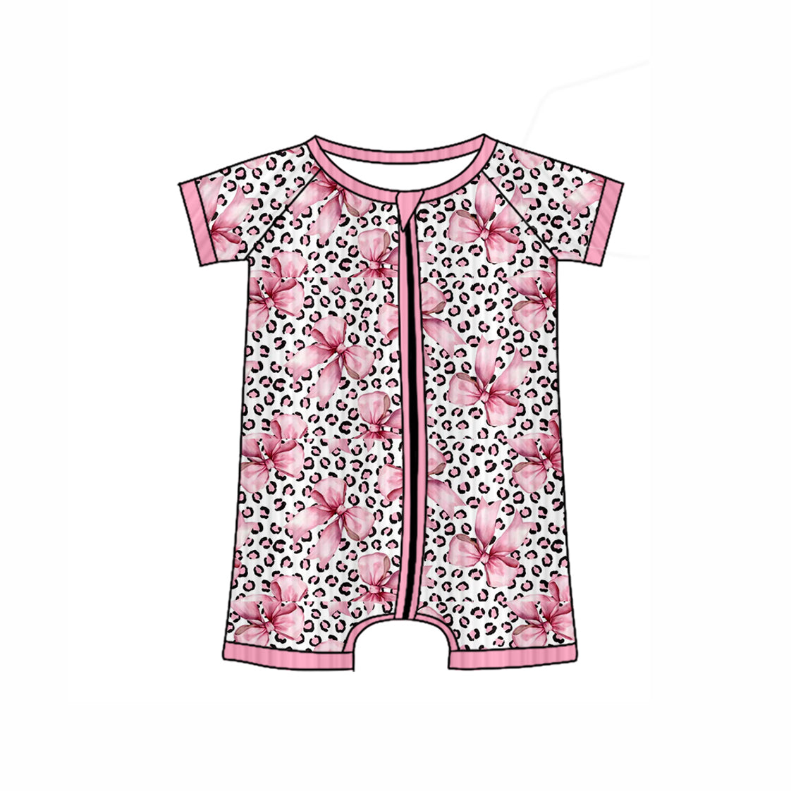 preorder SR3154 ribbed pink leopard bows zipper short sleeve girls romper