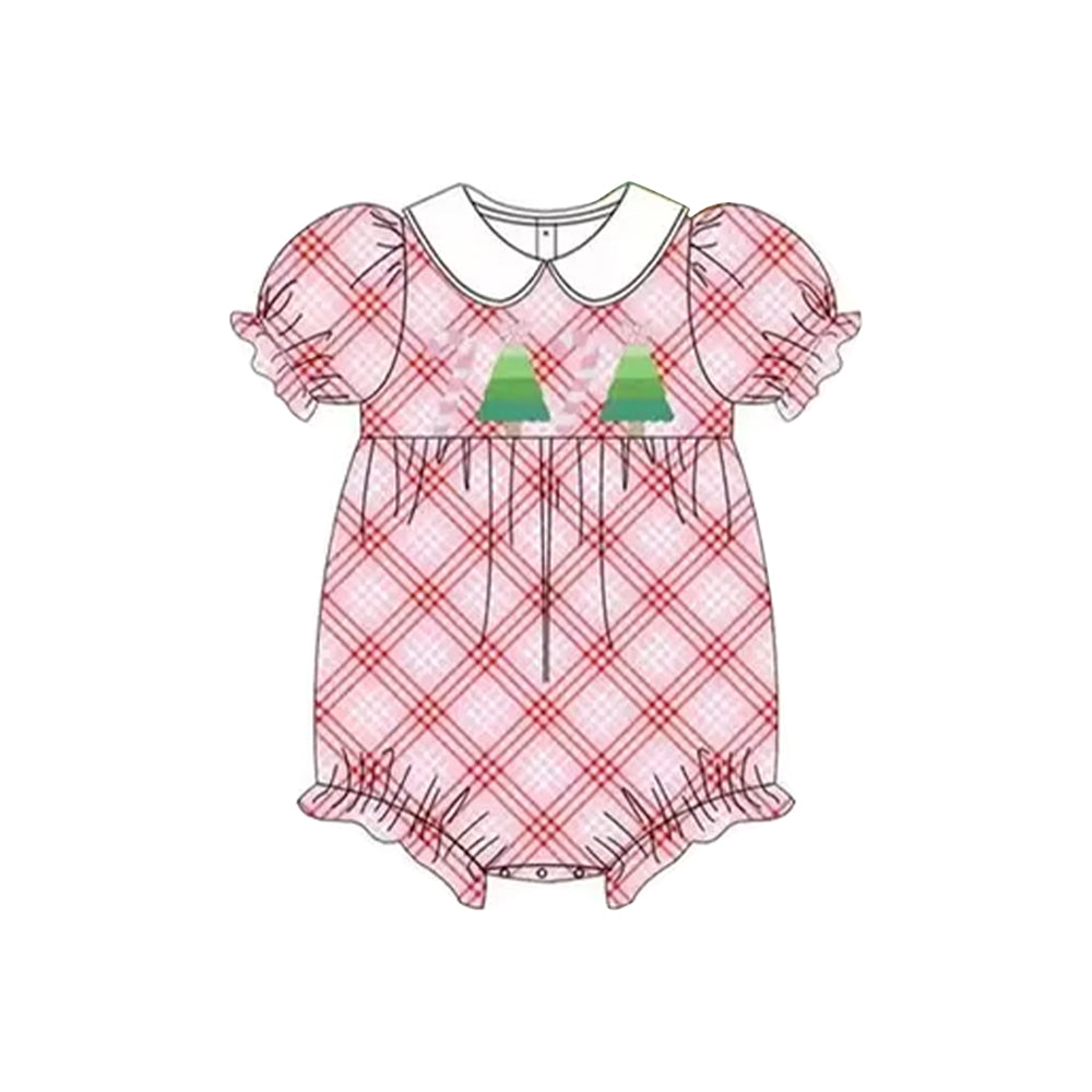 preorder SR3167 Christmas candy cane tree pink checkered short sleeve girls romper