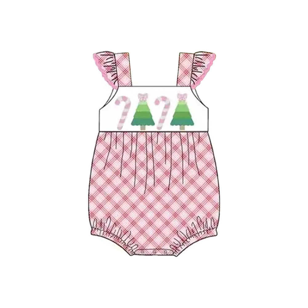 preorder SR3168 Christmas candy cane tree pink checkered flutter sleeve girls romper