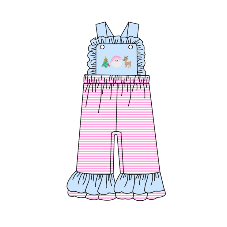preorder SR3179 Christmas Santa deer tree blue pink striped girls jumpsuits