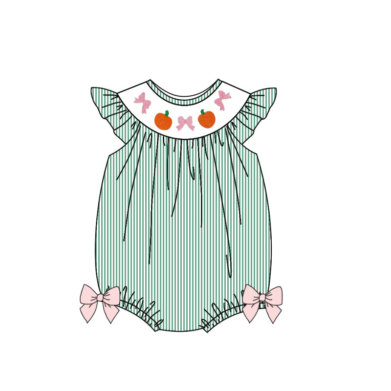 preorder SR3183 Autumn pumpkin pink bows green striped flutter sleeve girls romper