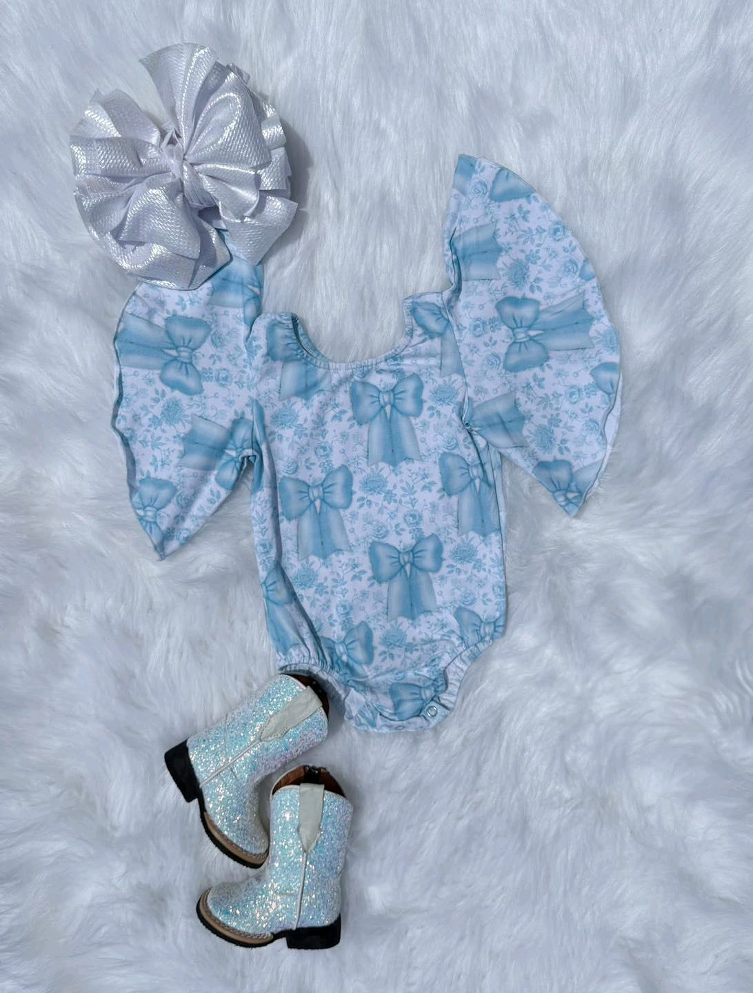 preorder SR3186 blue bows flowers short sleeve girls romper