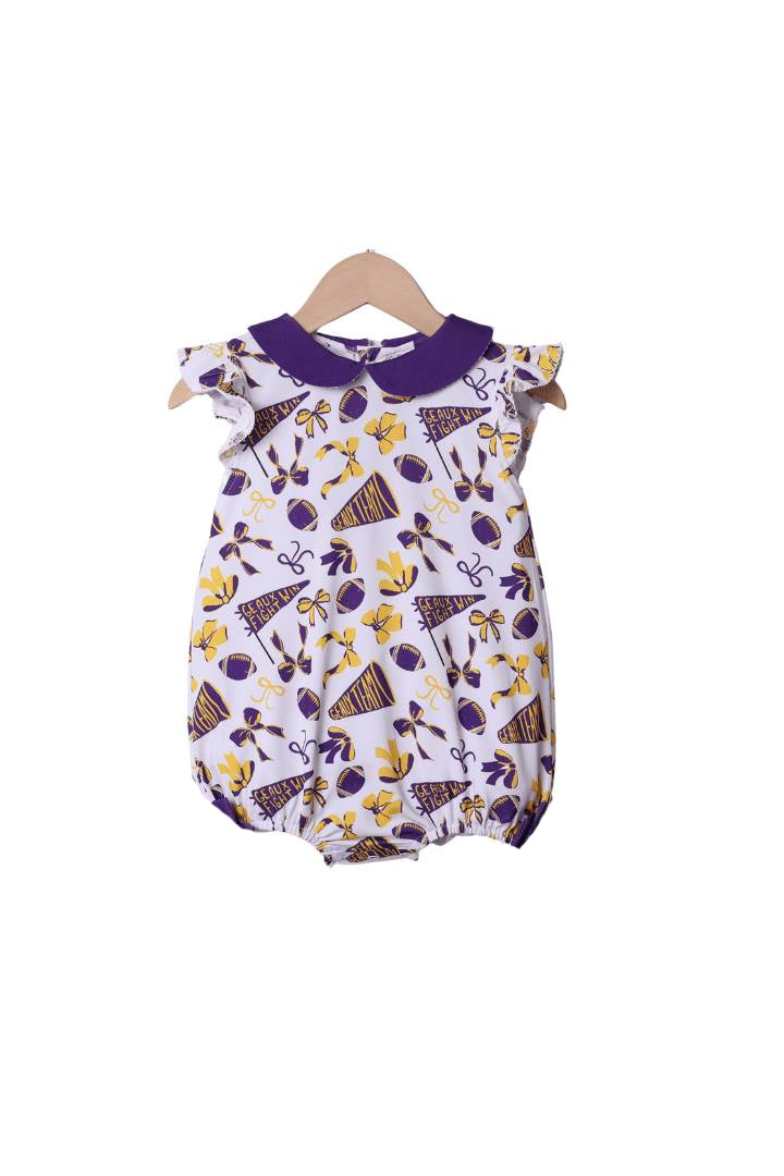 preorder SR3194 cheer purpele yellow bows flutter sleeve girls romper