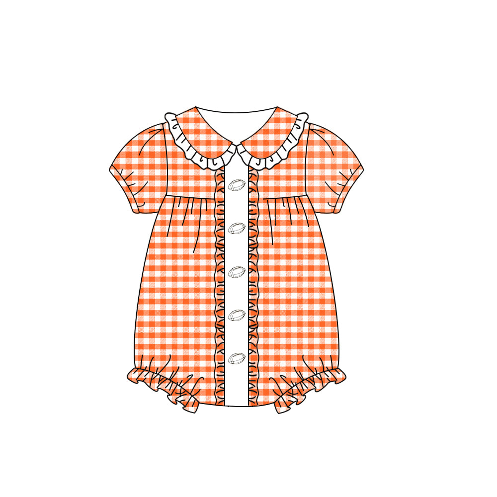 preorder SR3206 football orange checkered short sleeve girls romper
