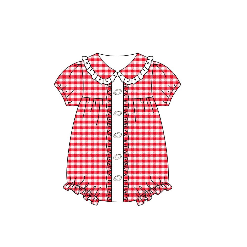 preorder SR3207 football red checkered short sleeve girls romper