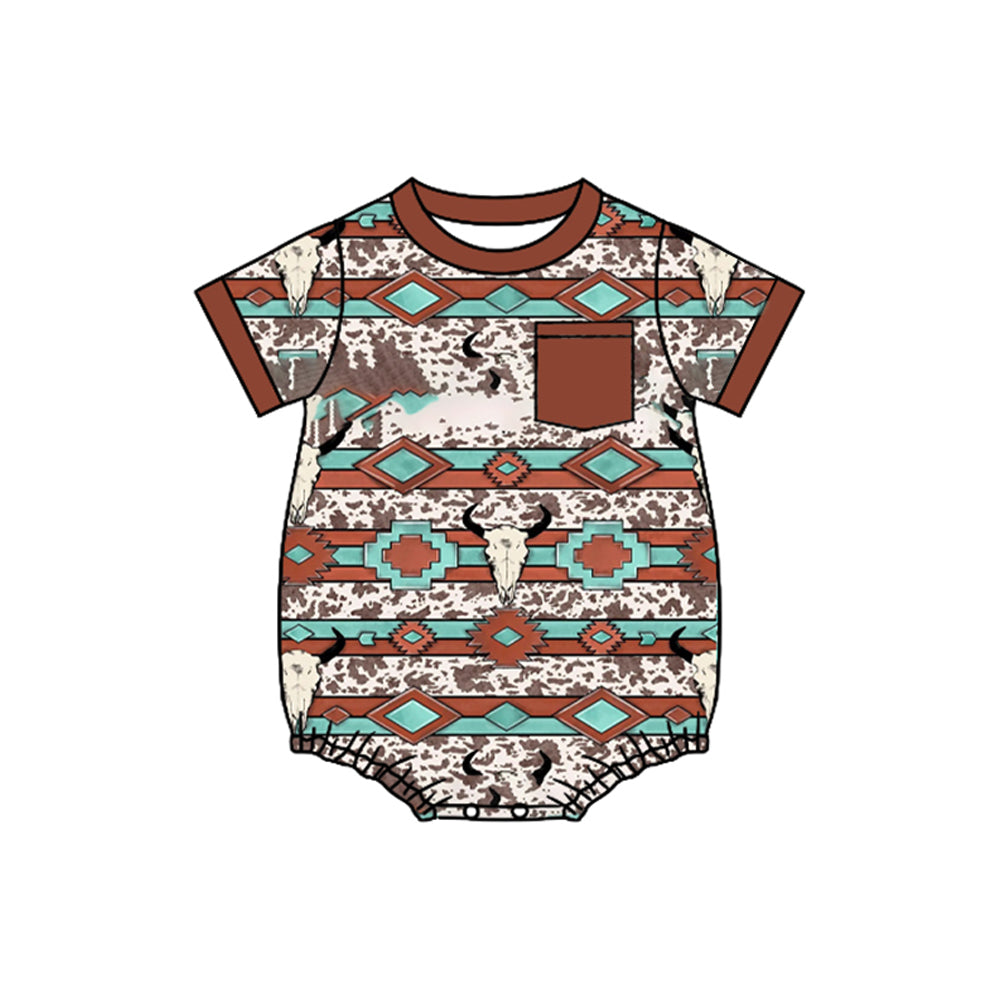 preorder SR3212 Western cow aztec brown pocket short sleeve boys romper