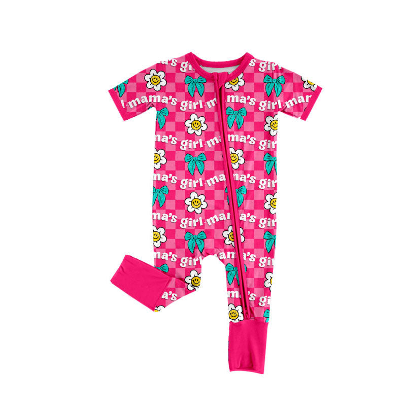 preorder SR3227 mama's girl flowers bows hot pink checkered long sleeve zipper girls romper