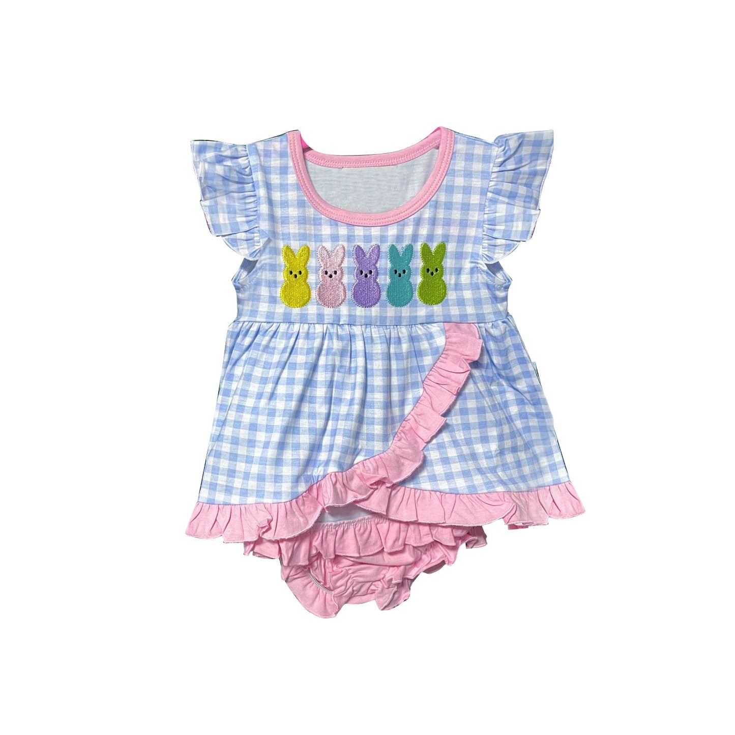 preorder SR3232 Easter bunny rabbit blue checkered flutter sleeve girls romper