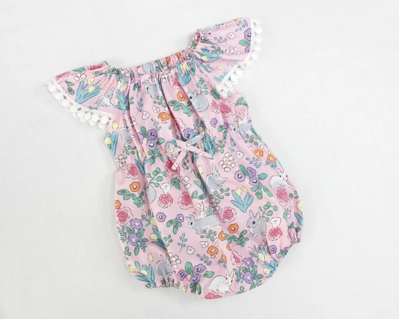 preorder SR3234 Easter bunny rabbit colorful flowers floral pink flutter sleeve girls romper
