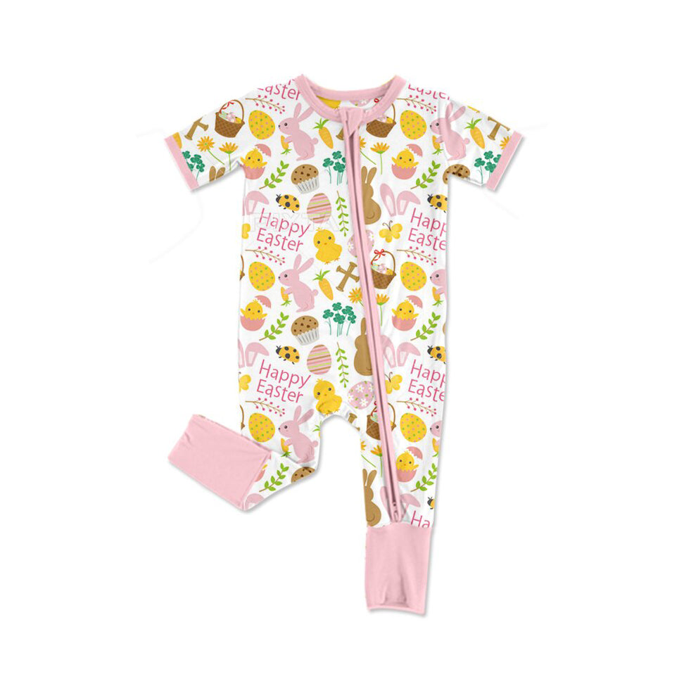preorder SR3239 Happy Easter bunny rabbit egg flowers pink zipper short sleeve girls romper
