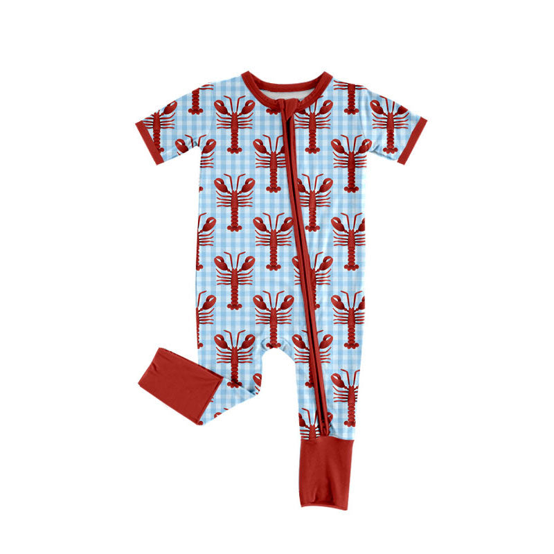 preorder SR3244 red crayfish blue checkered zipper short sleeve boys romper