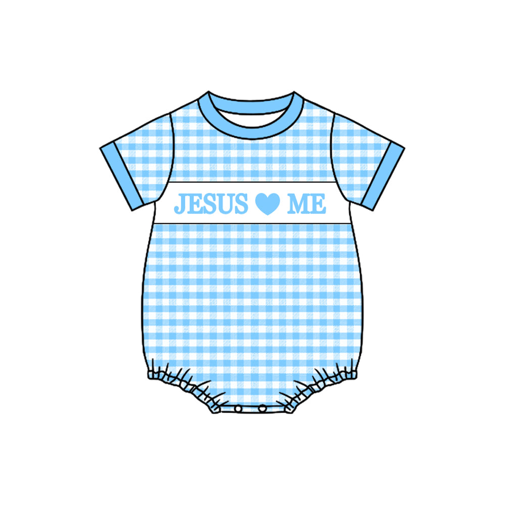 preorder SR3248 Easter Jesus love me blue checkered short sleeve boys romper