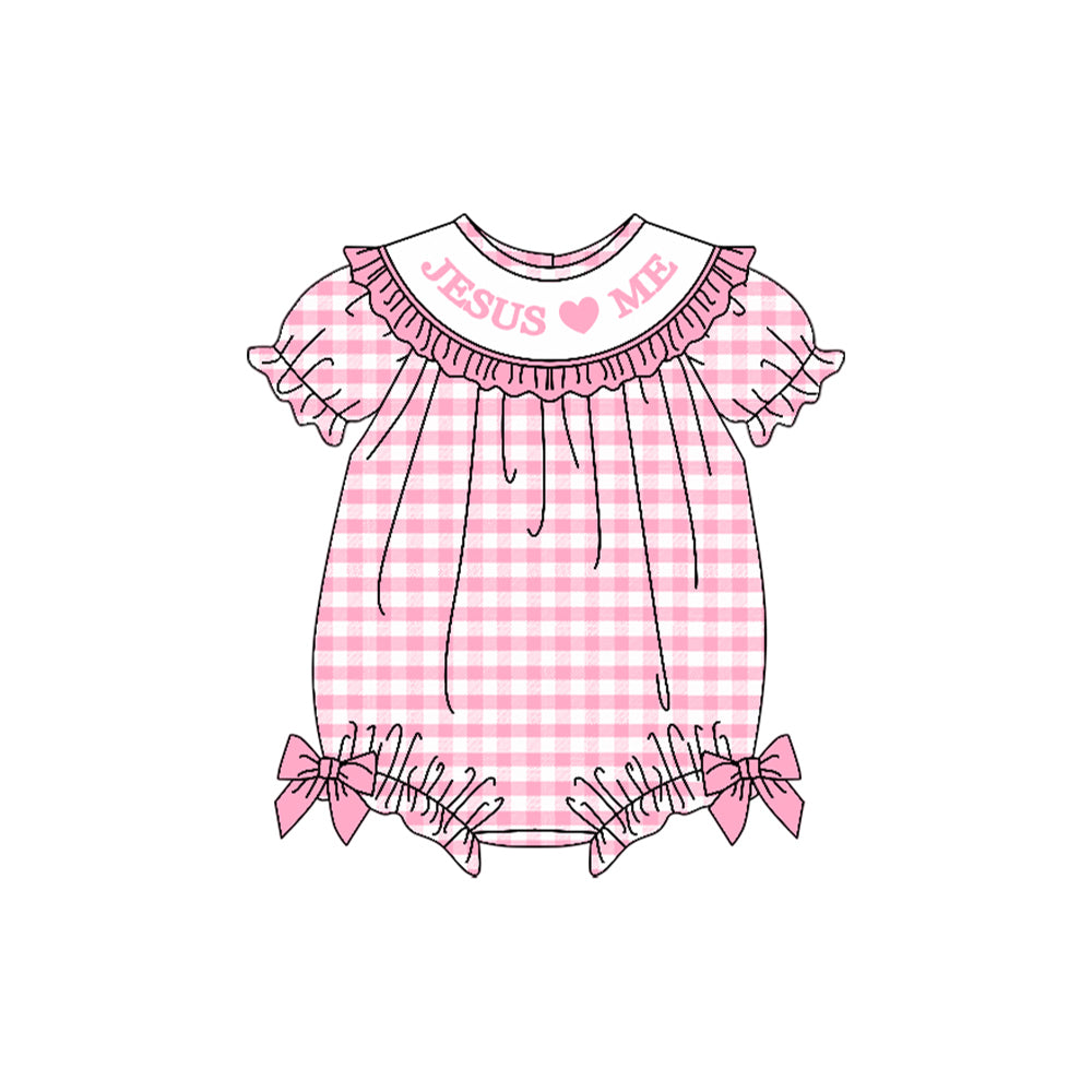 preorder SR3249 Easter Jesus love me pink checkered short sleeve girls romper