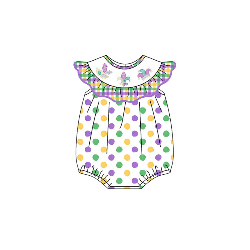preorder SR3252 Mardi Gras purple yellow green dot flutter sleeve girls romper