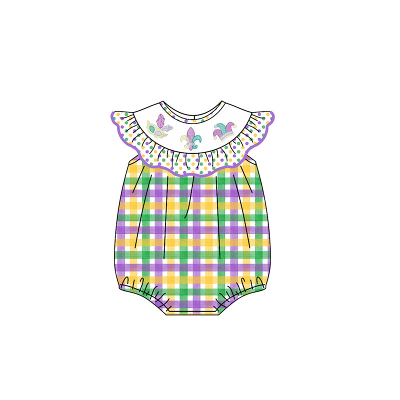 preorder SR3253 Mardi Gras purple yellow green dot flutter sleeve girls romper
