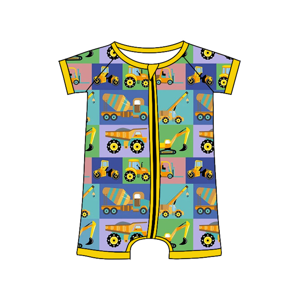 preorder SR3268 cute construction truck zipper short sleeve boys romper