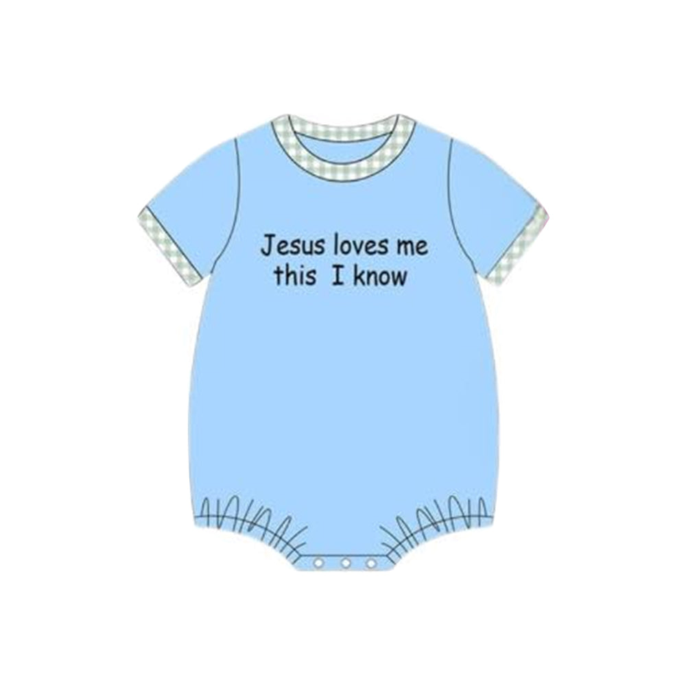 preorder SR3342 Jesus loves me this i know blue short sleeve boys romper