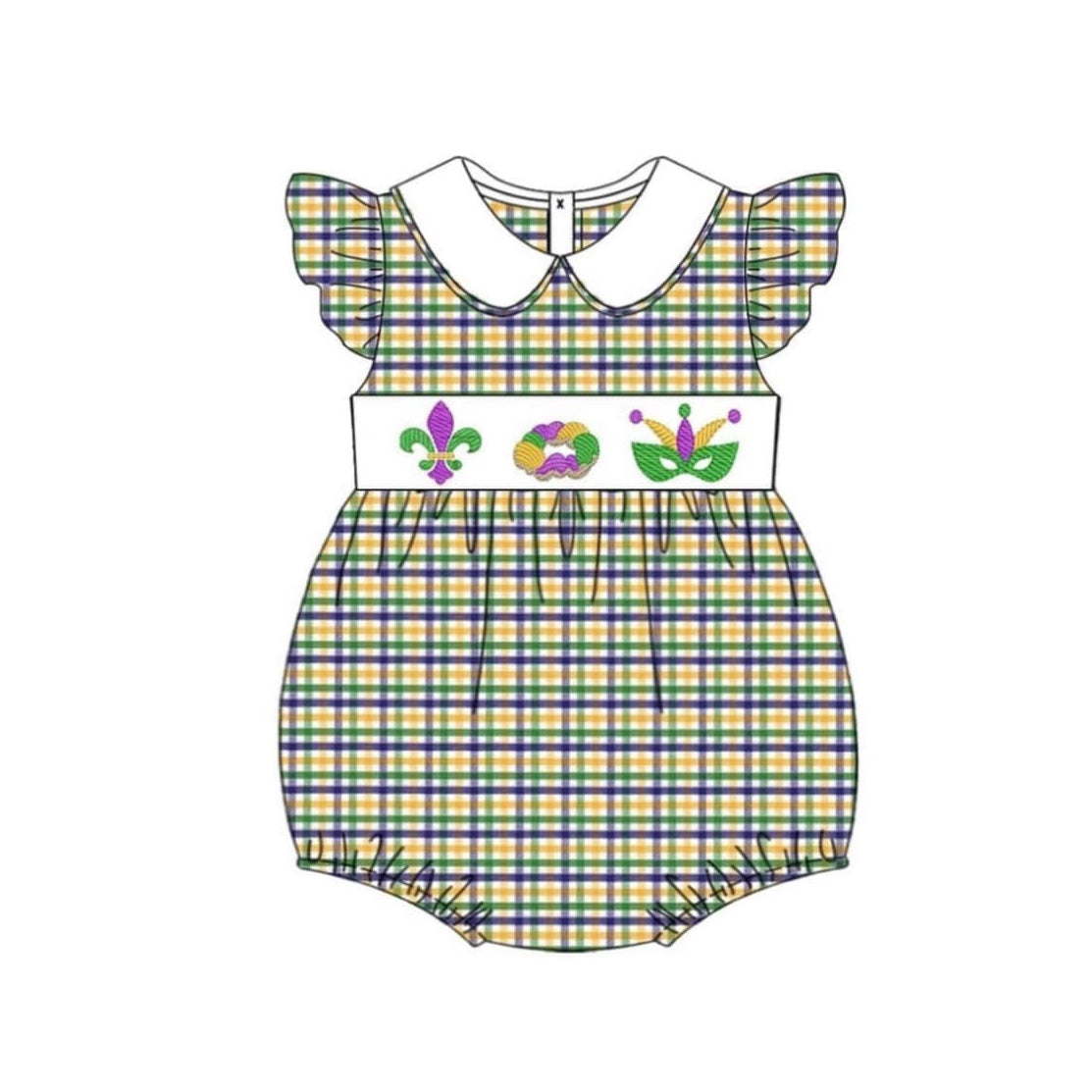 preorder SR3350 Mardi Gras checkered flutter sleeve girls romper